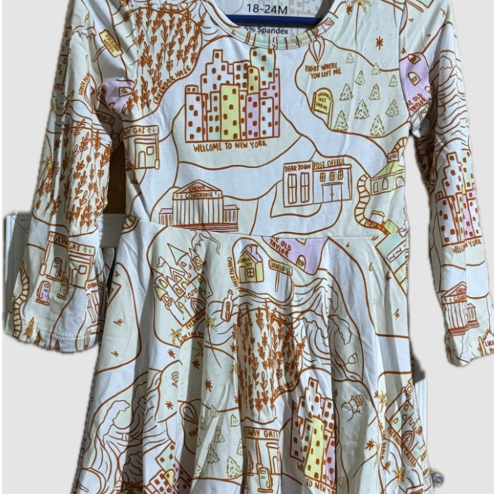 BAMBOO Kids Twirly Dress with City Map Print - White and Brown